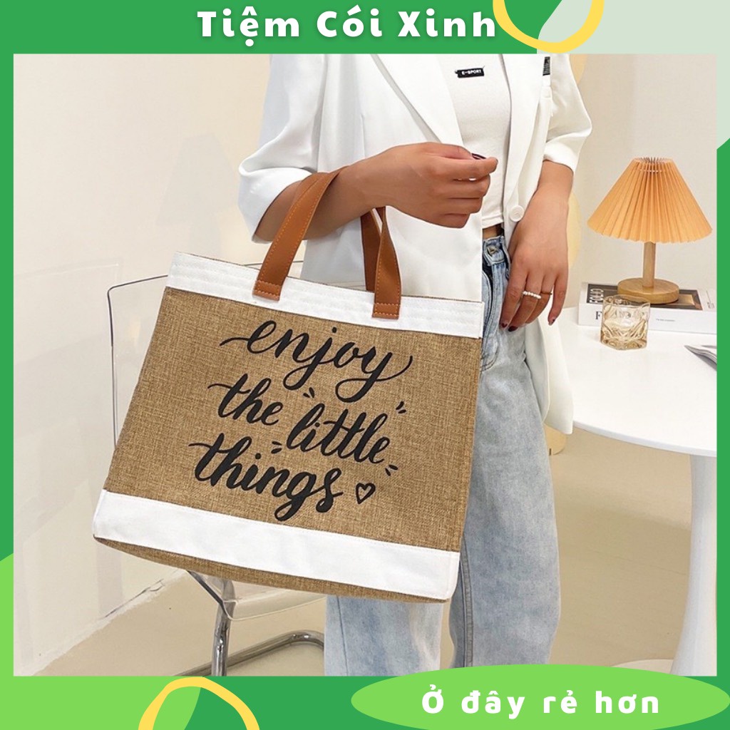 Túi Đi Biển Tote Cói To Quai Da Enjoy The Little Things Cỡ Lớn