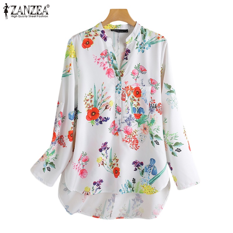 Áo sơ mi ZANZEA tay dài cổ chữ V dáng rộng in hoa vạt thấp và cao thời trang cổ điển cho nữ