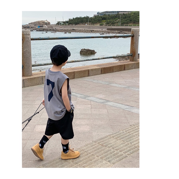 [Babycat] Hàng Có Sẵn Áo Thun Cotton Trơn Không Tay Dáng Rộng In Chữ Phong Cách Hàn Quốc Nhật Bản / Trung Bình / Mùa Hè Cho Trẻ Em