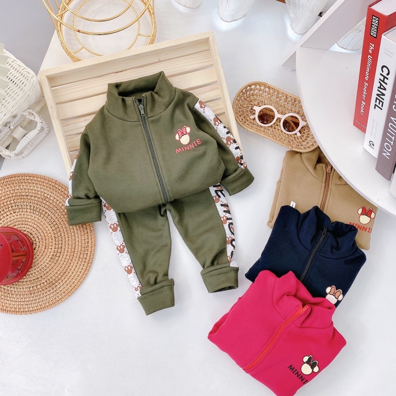 Bộ quần áo thu đông lót lông có kéo khóa cổ 5 phân giữ ấm cho bé trai bé gái từ 8-18kg