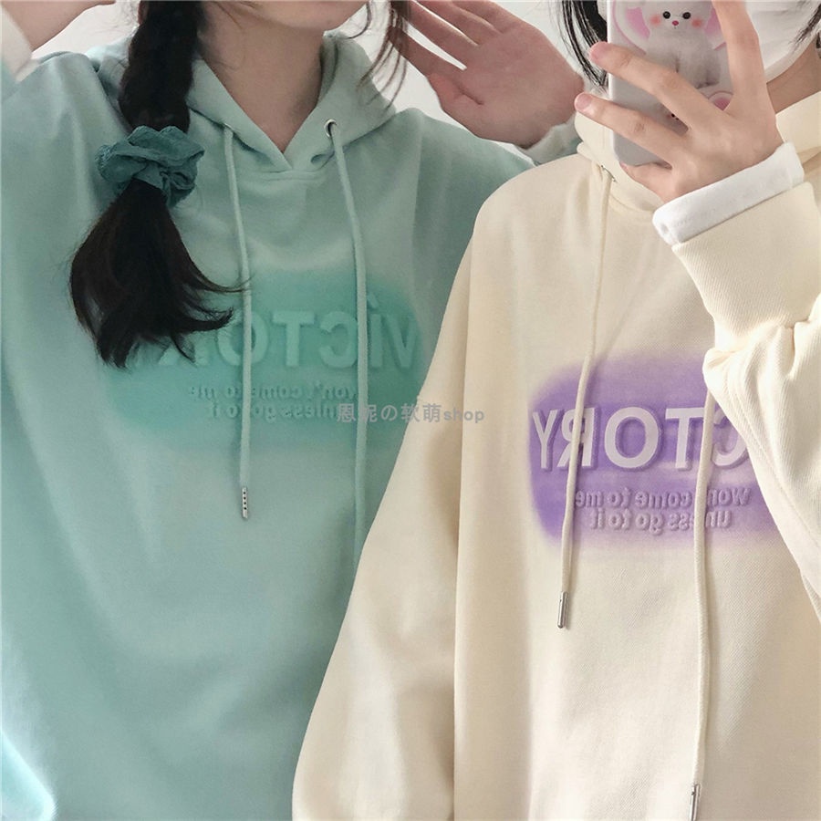 Áo hoodie dáng rộng in chữ mặc vào mùa thu và mùa đông cho nữ