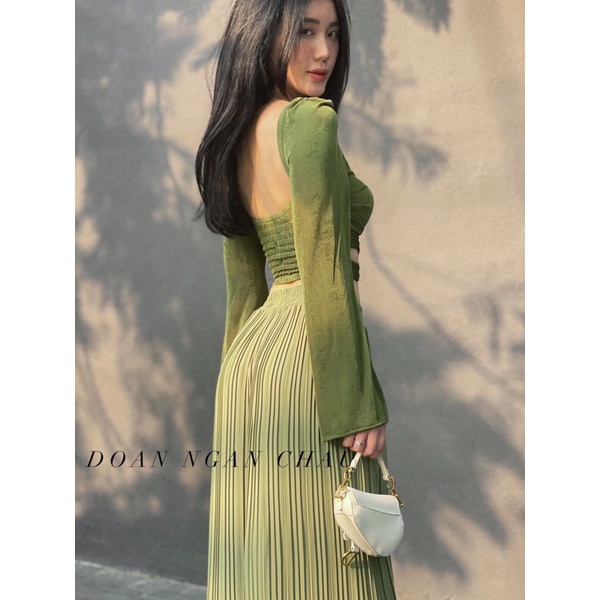 Set áo thun xoắn ngực tay loe + Quần suông dập ly