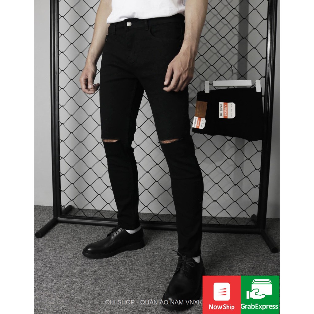 JEANS ĐEN NAM P & BEAR TRƠN VÀ RÁCH