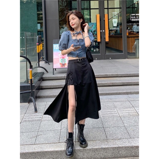 Set áo croptop bò LISA khoá ngực cổ vuông + chân váy đen thắt dây xẻ đùi Ulzzang cá tính sexy ❤️