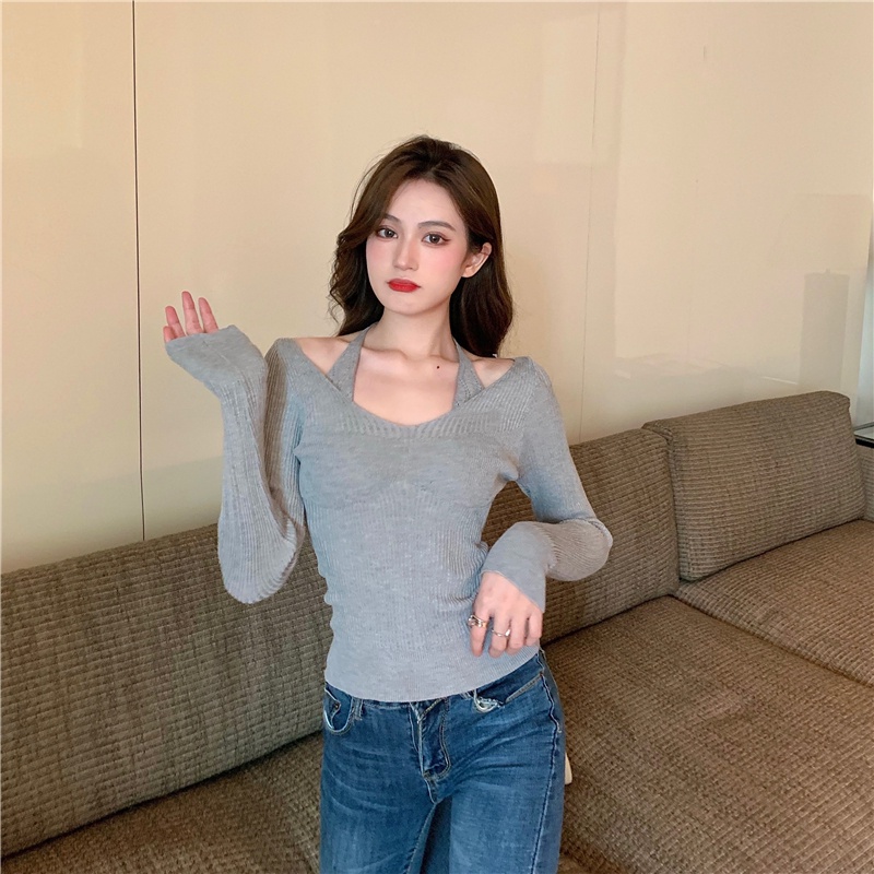 SUXI Áo dây dệt kim dài tay màu trơn thời trang Hàn Quốc cho nữ
