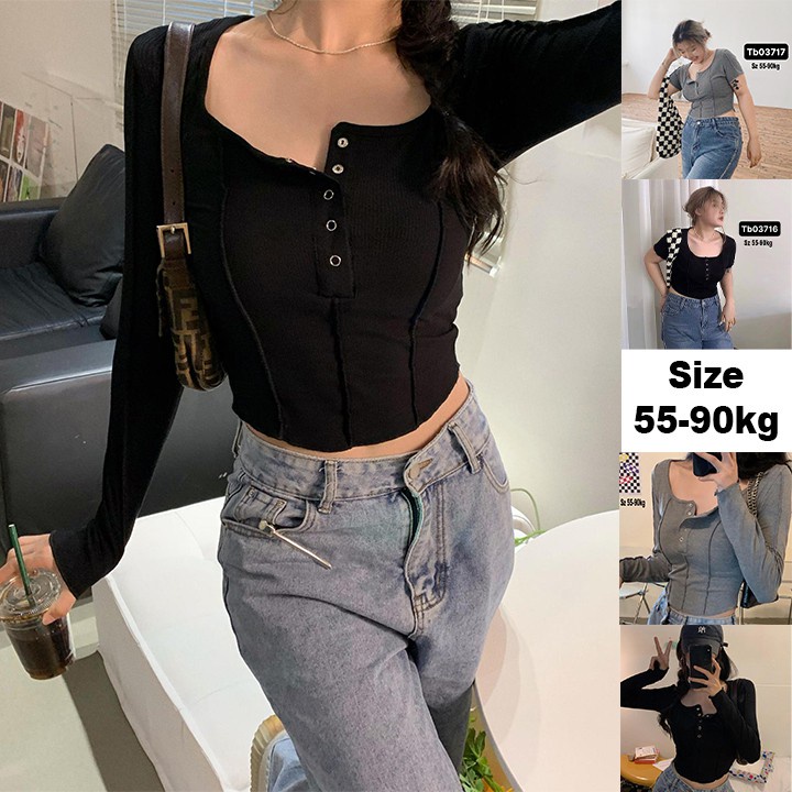 ﺴ✺☒Áo croptop nữ tay dài bigsize 55-90kg kimfashion, vạc bầu co giãn phong cách Hàn Quốc
