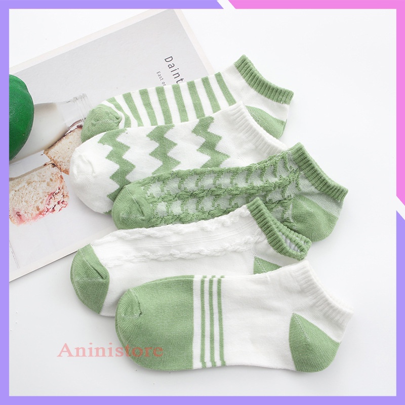 Tất cổ ngắn, vớ cổ ngắn nữ  Ulzzang ngắn cổ chủ đề màu xanh lá  kẻ ngang, zic zắc (TP CN 027 – Aninistore)
