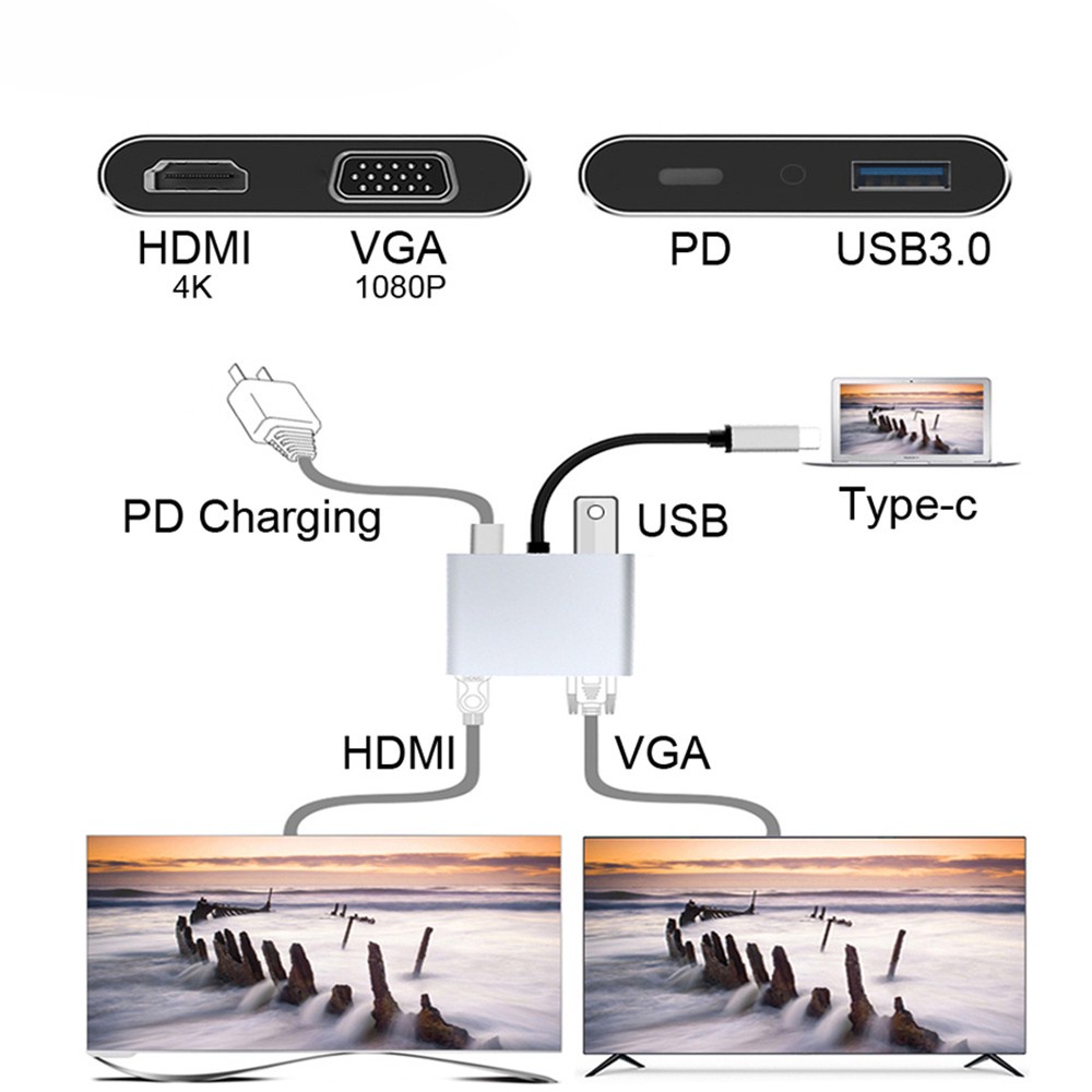 Hub Type C 4 trong 1 Cổng chuyển đổi HUB USB Type-C to HDMI/VGA/USB 3.0/PD Type-C hỗ trợ 4K