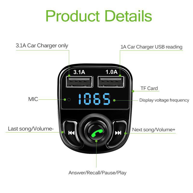 Bộ Sạc Nhanh X8 Bluetooth 5.0 Aux Cho Xe Hơi FM X8 MP3