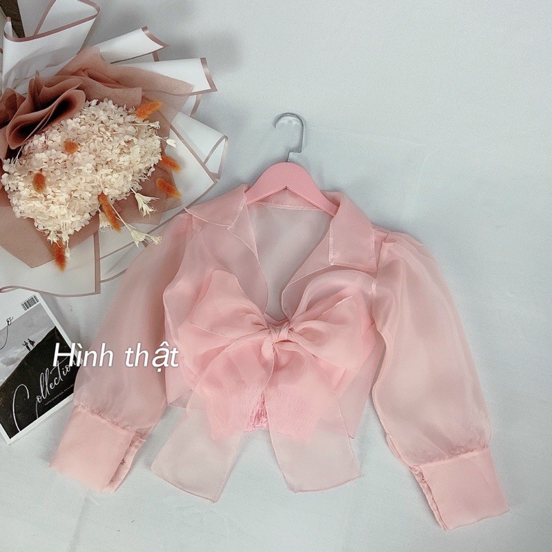 Áo tay phồng voan kiến cột nơ croptop, tăngj kèm áo lot trong - C6U