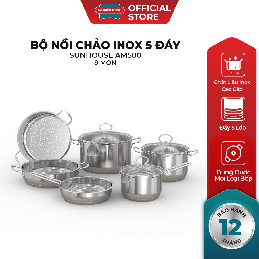 Bộ nồi chảo inox 5 đáy Sunhouse AM500 | 16cm/20cm/24cm | Hàng chuẩn Mỹ, Bán độc quyền online | Đáy 5 lớp