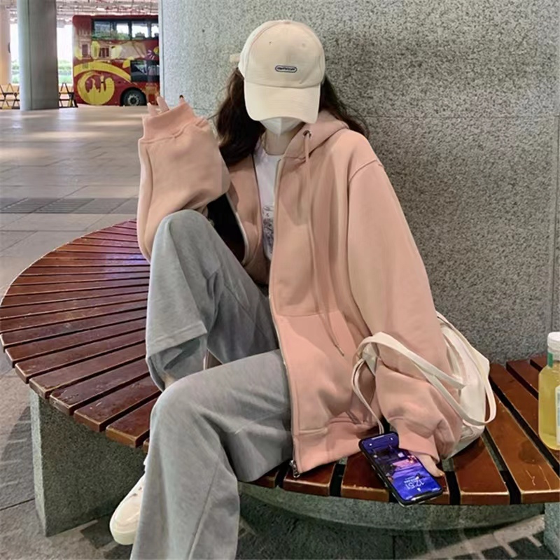 ZHELIHANGFEI Áo Khoác Hoodie Tay Dài Dáng Rộng Màu Hồng Dễ Thương Xinh Xắn
