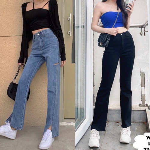 Quần Bò Jean Nữ Ống Loe Cạp Cao - Quần Jeans Xẻ Gấu Chất Vải Bò Co Giãn 4 Chiều Q20