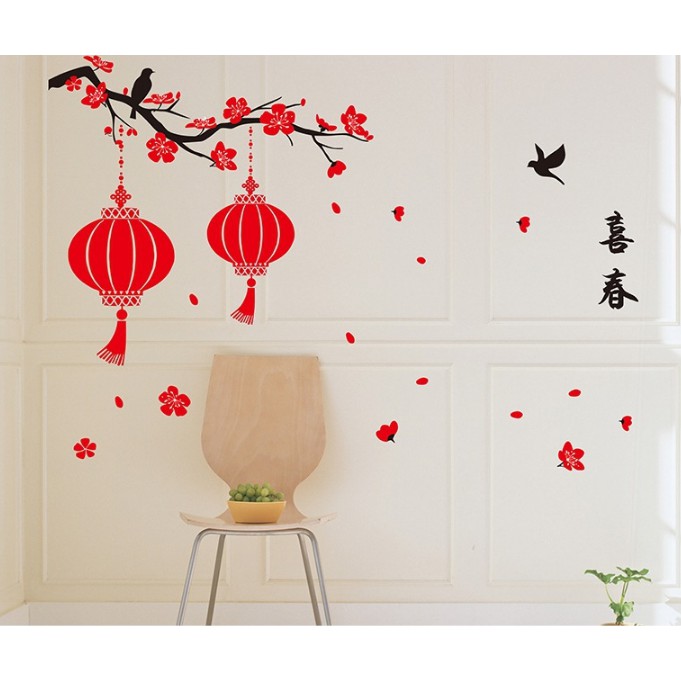 Decal trang trí Tết - Cặp Lồng Đèn đỏ treo trên cành Mai