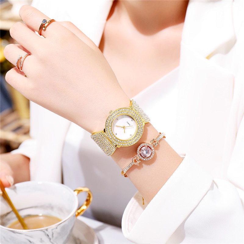 Đồng Hồ Quartz Nữ Mặt Đính Hột Xoàn Dây Thép Không Gỉ Sang Trọng