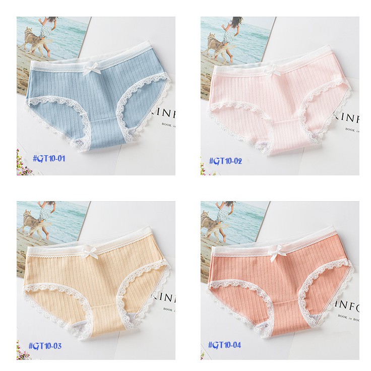 [Set 5 quần] quần lót nữ cotton gân tre co dãn phối viền ren đính nơ hiện đại GT10-5