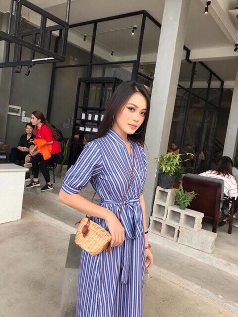 Đầm sọc đắp chéo cột nơ eo