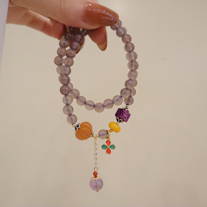 [Hàng Mới] Vòng Tay Mã Não Xám Phong Cách Trung Hoa Cổ Điển Mặt Cỏ Bốn Lá Và Cỏ Bốn Lá