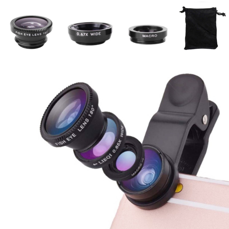 Ống kính Macro Fisheye góc rộng 3 trong 1 có kẹp gắn 0.67x cho điện thoại
