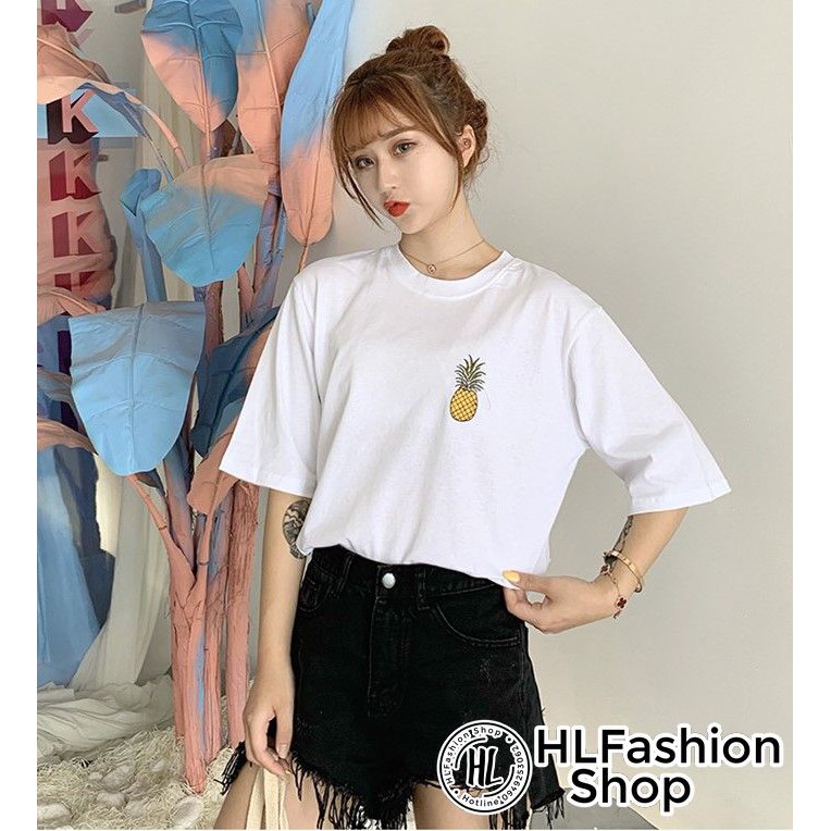 Áo thun tay lỡ form rộng thêu hình quả dứa rất xinh, áo phông form rộng size HLFashion