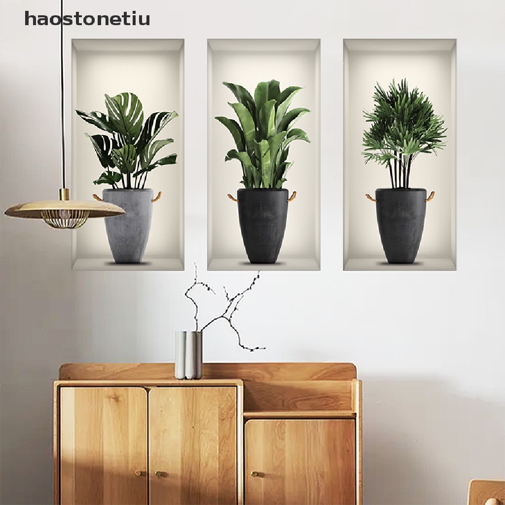 Set 3 Tấm Đề Can Dán Tường / Cửa Sổ Giả Họa Tiết Chậu Cây 3D