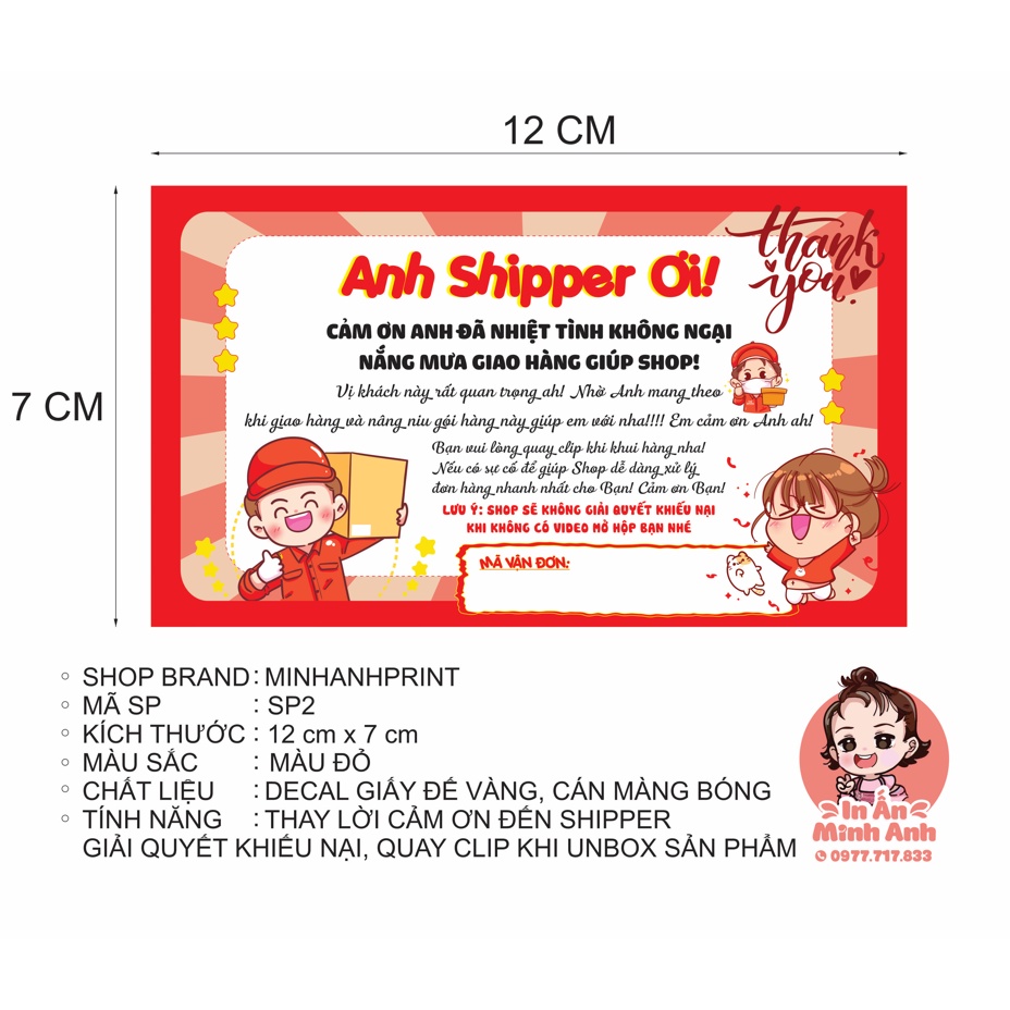 Phiếu giao hàng kèm lời nhắn anh shipper, quay unbox, Tem ghi mã vận đơn có keo dán sẵn KT 12x7cm cán màng bóng