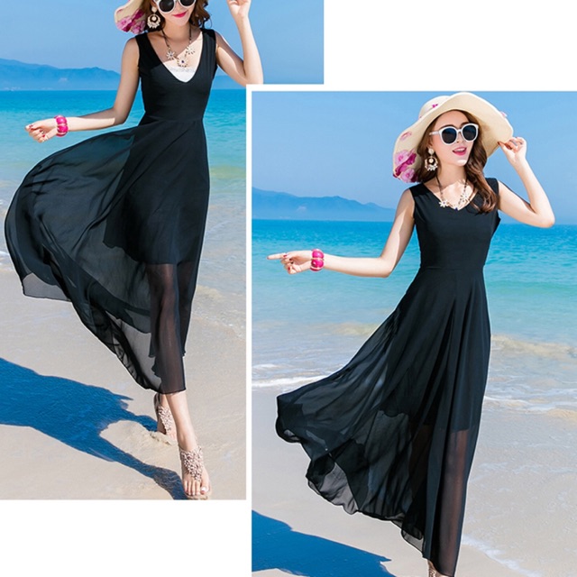 Đầm maxi chiffon màu đen thắt eo size S M L XL