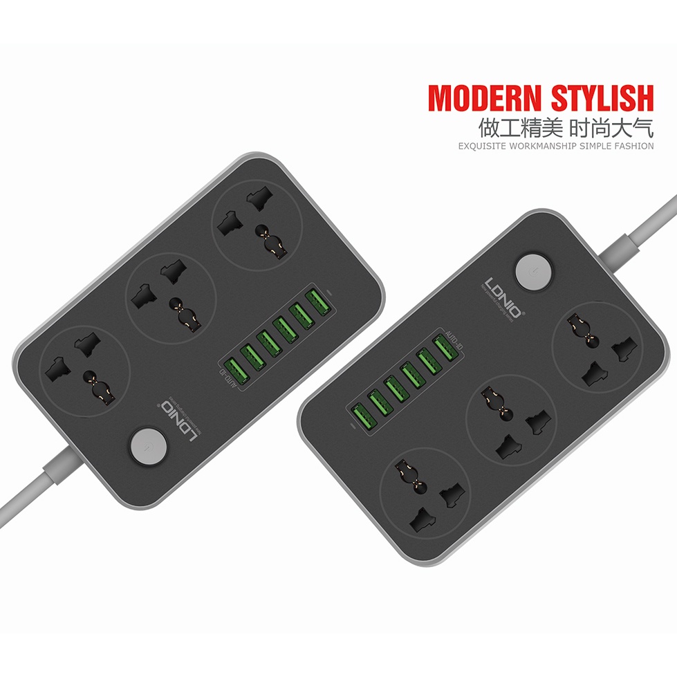 Ổ cắm điện kèm cổng USB cao cấp tự động chỉnh dòng ra, phích cắm EU cho Việt Nam LDNIO SC3301 SC3604 Đen dây dài 2m