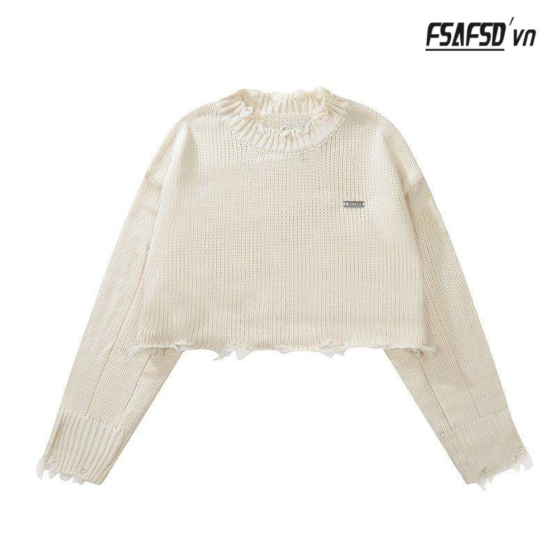 Áo Sweater Dệt Kim Tay Dài Dáng Rộng Phối Rách Cá Tính Cho Nữ