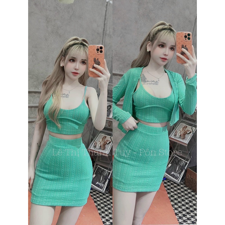 Sét váy nữ thời trang mặc đi chơi, Sét váy len ren blazer 3 món áo 2 dây mix váy borip kèm khoác tay dài xinh xắn