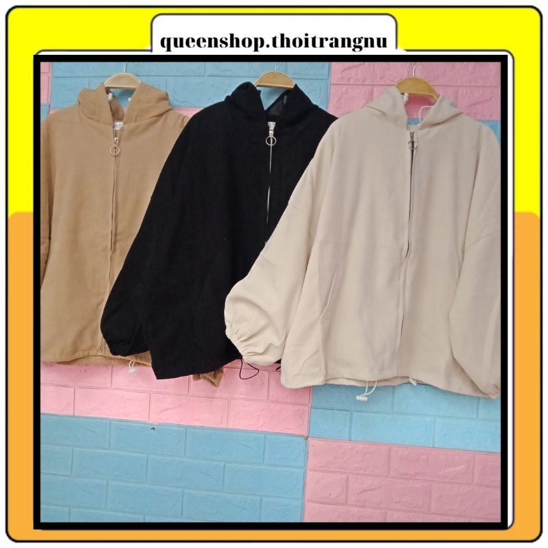 Áo khoác nhung tăm có mũ , áo bomber trơn kéo khóa bo tay Queenshop