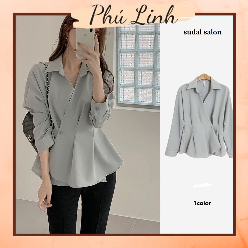 MS685 Áo sơ mi nữ kiểu xếp ly vạt lệch vải đẹp mềm mát