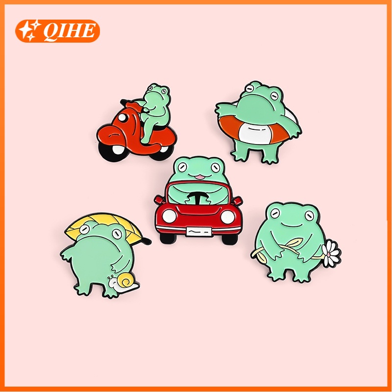 Ghim cài áo QIHE JEWELRY hình chú ếch xanh hoạt hình đáng yêu 5 kiểu dáng tuỳ chọn