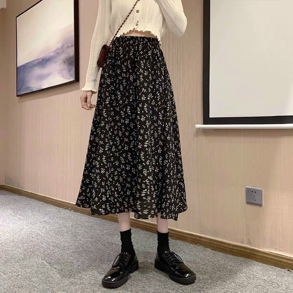 Chân váy hoa nhí vintage hàn quốc, váy hoa nhí dáng dài đen trắng vải voan 2 lớp siêu xinh