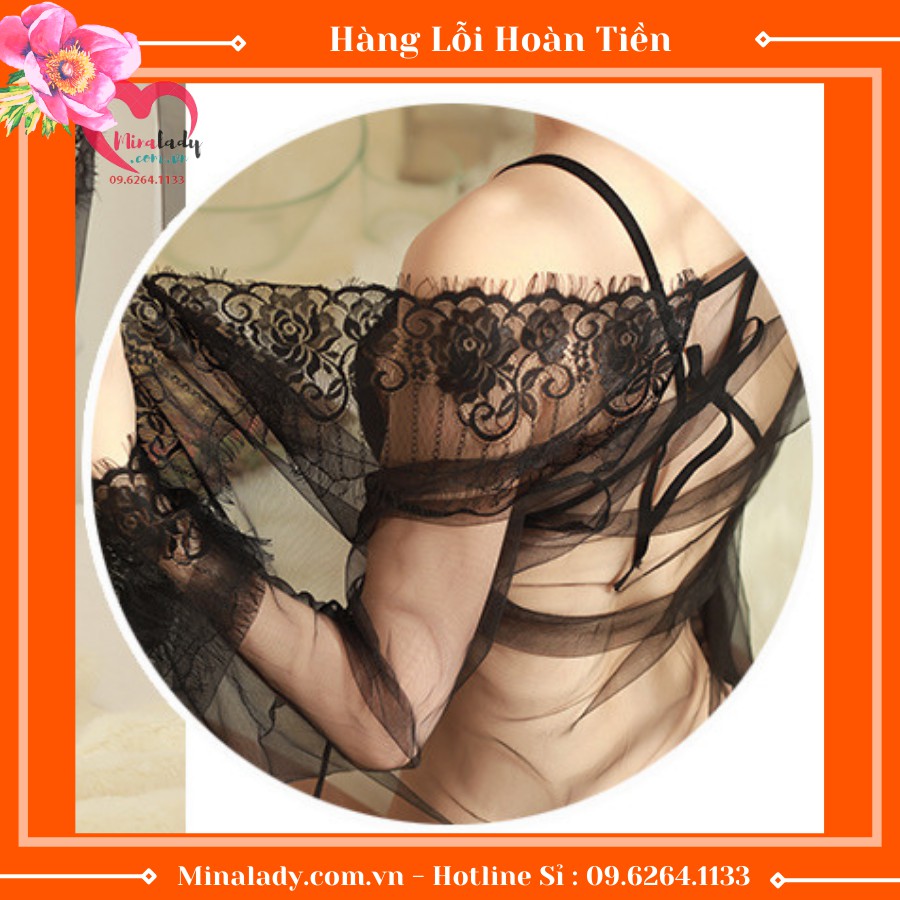 Đồ Ngủ Nữ Chất Ren Gồm Áo CHOÀNG DÀI TAY MỚI Họa Tiết Ren Hoa Sexy Tặng Kèm Bộ Chip Lọt Khe Gợi Cảm Xuyên Thấu