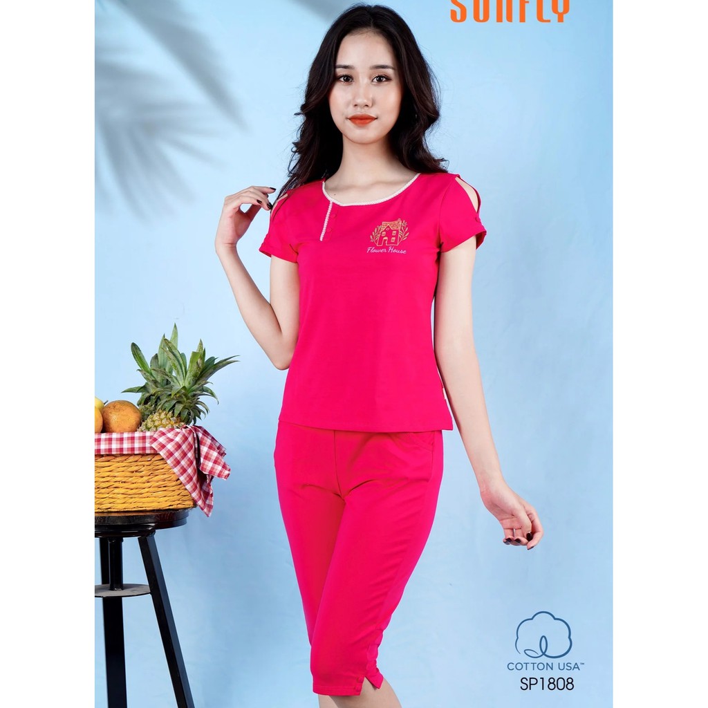 Bộ cotton Áo cộc tay, quần lửng mặc nhà Sunfly SP1808