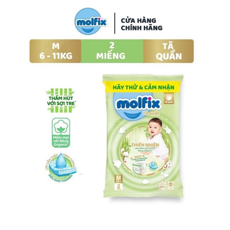 100 miếng Tã bỉm quần/ dán molfix thiên nhiên gói 2 miếng dùng thử size S/M/L/XL