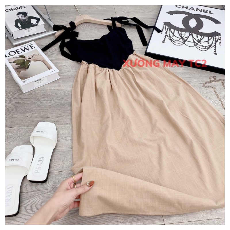 Đầm 2 Dây Thắt Nơ Vai Màu be phối đen, Váy  2 Dây Cột Nơ Vai Bánh Bèo, Maxi Đi Biển Form Chuẩn