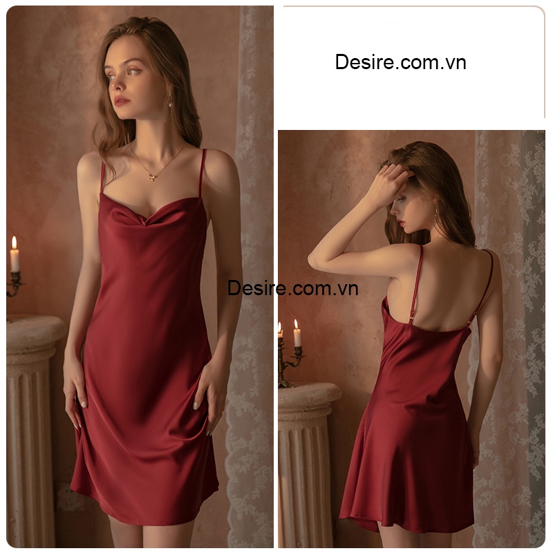 Váy ngủ hai dây đầm ngủ lụa thiết kế body cổ đổ chất liệu lụa sa tin cao cấp chất mát,mềm mịn VN-035