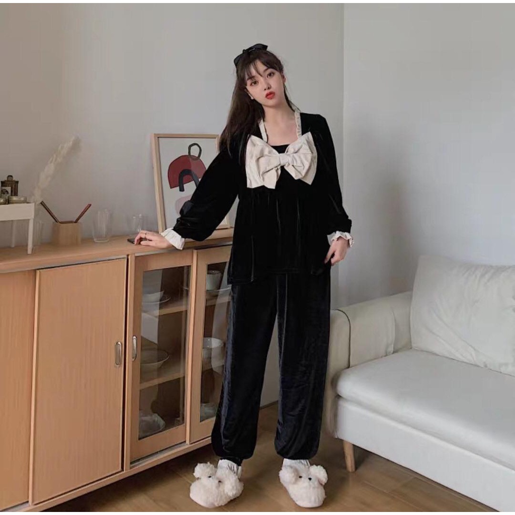 Bộ ngủ nữ nhung phối nơ cực xinh 3 màu/ Bộ mặc nhà dài tay phối nơ mùa đông dễ thương
