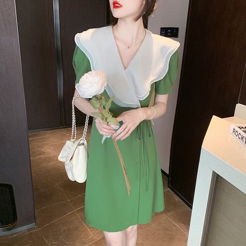 Đầm Phối Màu Đắp Vạt Thắt Dây Eo - BLD22236