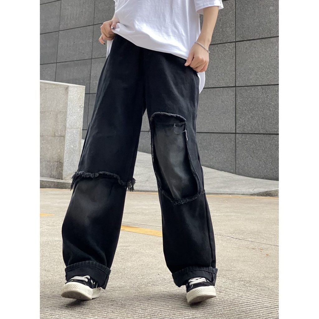 Quần Jeans Ống Rộng Thiết Kế Xẻ Rách Phong Cách Hiphop