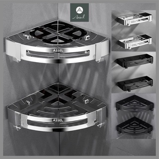 Kệ nhà tắm inox 304 chữ nhật dán góc tường tĩnh điện, kệ để đồ nhà tắm kèm móc treo đa năng  ASSEL