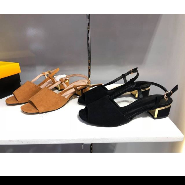 Sandal da lộn gót viền vàng cao 3p màu bò