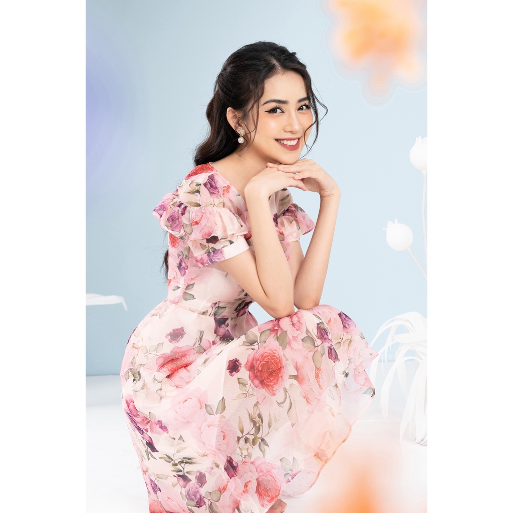 Đầm Tơ Hoa Hồng LFV3285 Thiết Kế Cổ Bèo xinh xắn nữ tính may 2 lớp dài qua gối cho nàng đi làm đi chơi đi biển dạo phố