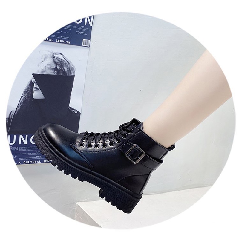 Giày bốt da IELGY cổ cao mũi tròn buộc dây phối khóa kéo màu đen sành điệu cho nữ