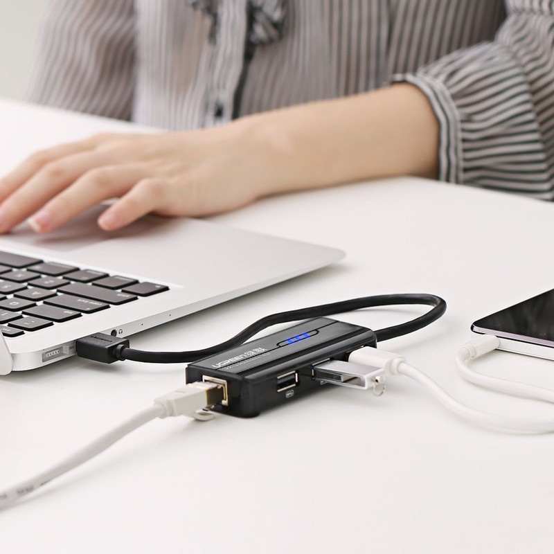 USB Hub Ugreen 1 ra 3 cổng USB 2.0 kèm 1 cổng LAN 10/100Mbps -Adapter chuyển đổi cổng LAN RJ45
