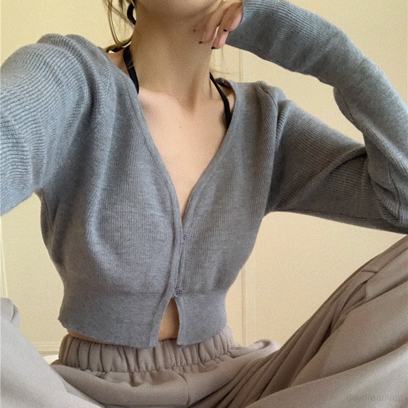 Áo Croptop Tay Dài Màu Trơn Cổ Chữ V Thời Trang Cho Nữ