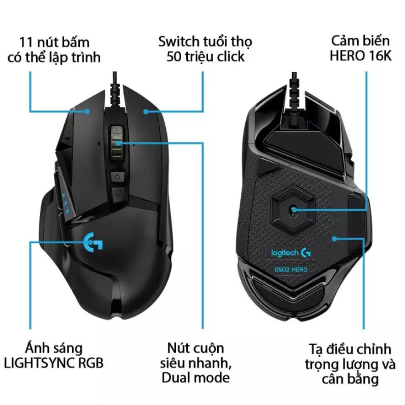 Chuột Gaming Hiệu Suất Cao Logitech G502 Hero-16.000 DPI | Hàng Chính Hãng | Bảo Hành 24 Tháng | Phân Phối Bởi DIGIWORLD