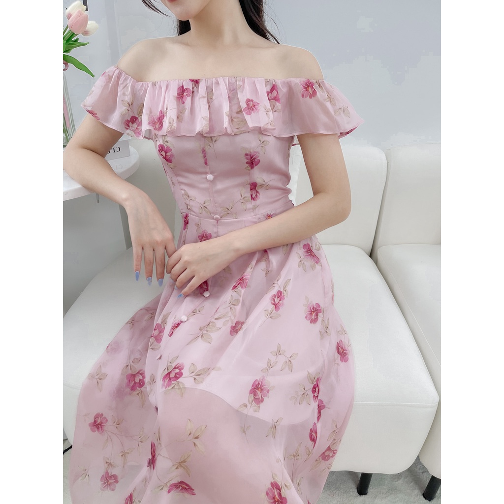 LALYA_D397_Váy tơ hoa trễ vai khuy bọc-Hồng